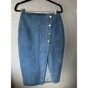 Women's Lulus Denim Long Skirt W/ Buttons Pockets Slit 90s Retro